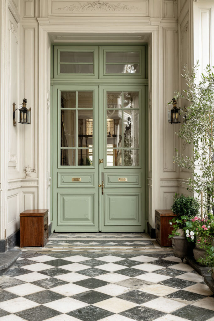 Elegant sage green double front door with cream trim, black lantern sconces, checkerboard marble floor, and potted greenery.