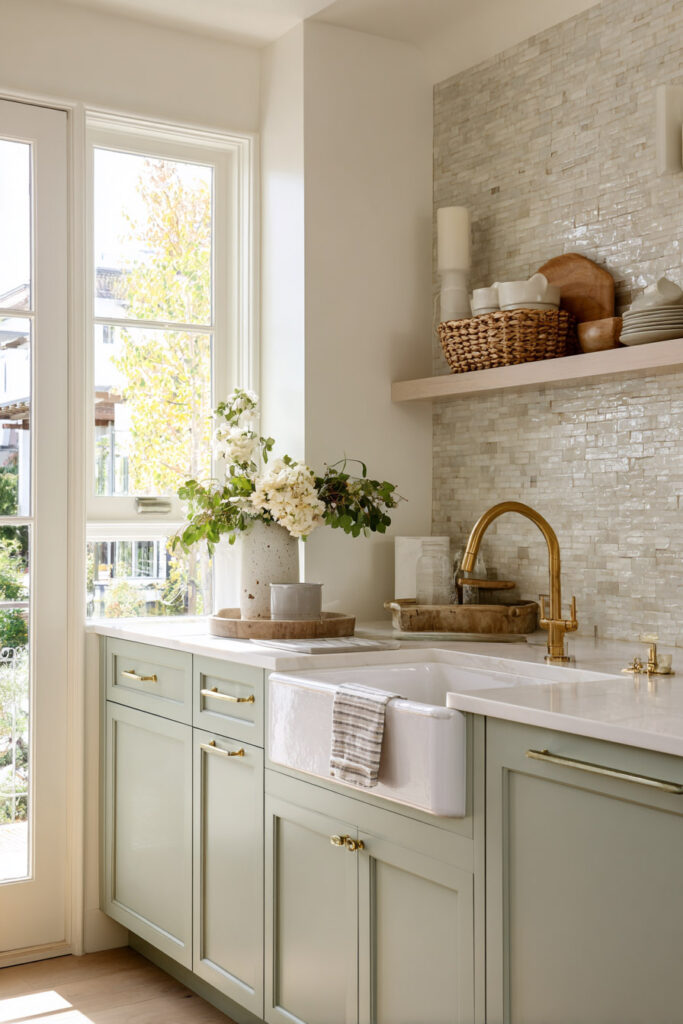 Sage green kitchen with farmhouse sink, brass hardware, mosaic tile backsplash, and fresh flower styling.
