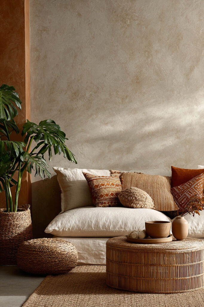 Earthy sage green living room with plaster walls, linen sofa, terracotta accent pillows, woven ottoman, and rattan coffee table in a bohemian style.