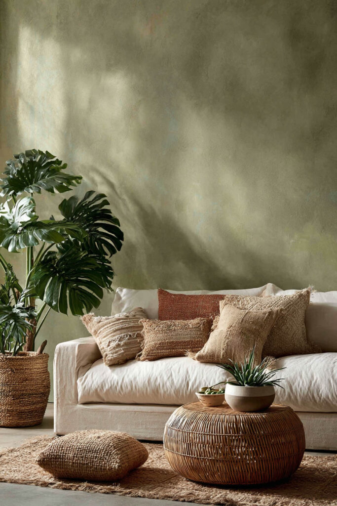 Sage green living room with woven coffee table, jute rug, rustic pillows, and large indoor plant for an organic earthy style.