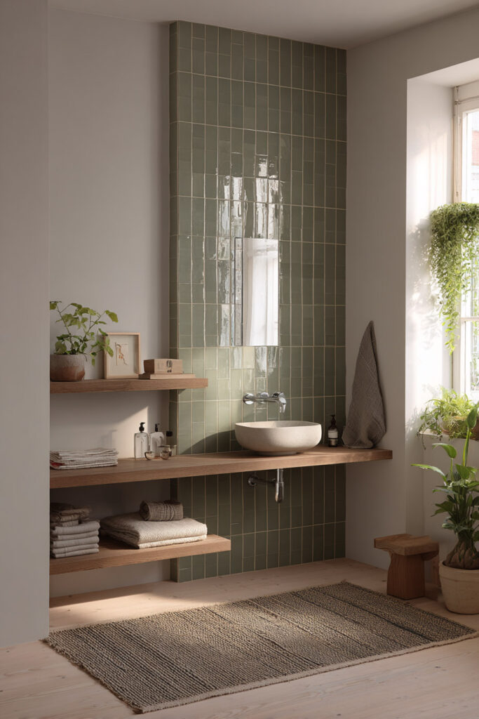 Minimalist sage green bathroom with vertical tile accent wall, open wood shelves, vessel sink, and natural greenery for an airy modern look.