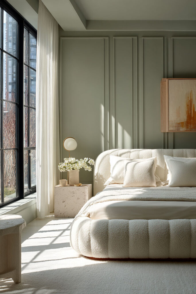 Modern sage green bedroom with wall paneling, oversized windows, cream upholstered bed, and minimalist neutral decor.