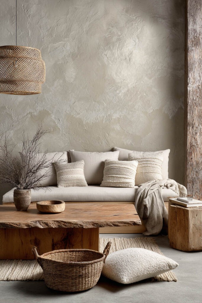 Rustic sage living room with plaster-textured walls, raw-edge wood coffee table, woven basket, and neutral throw pillows.