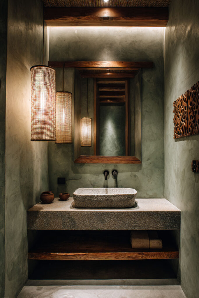 Bathroom with sage green plaster walls, stone sink, wood accents, and woven pendant lighting.