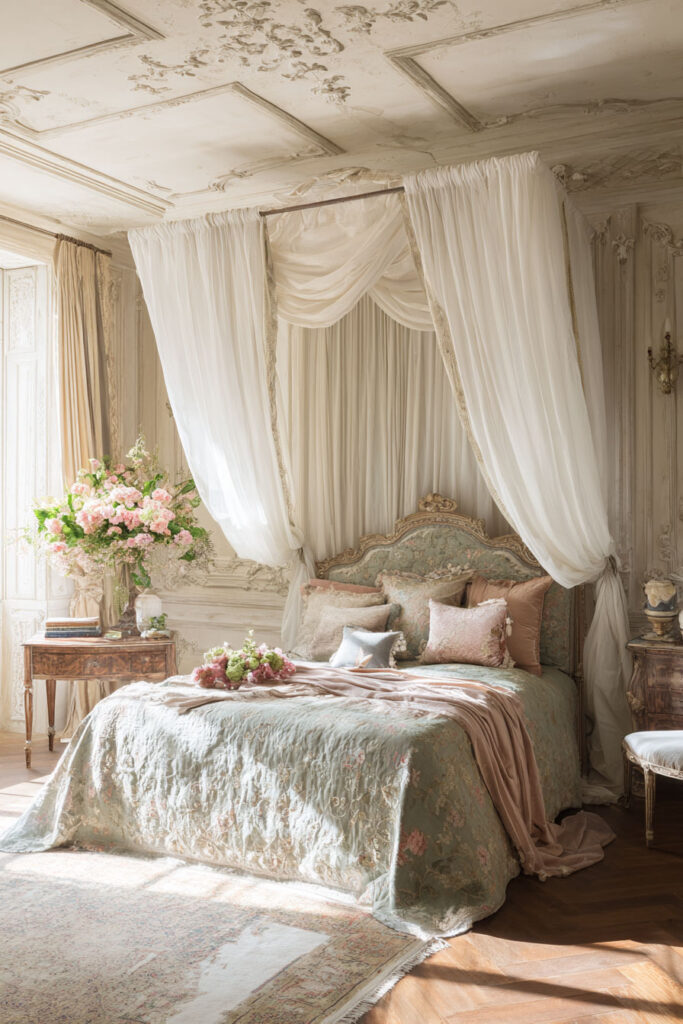Romantic sage green bedroom with vintage canopy bed, floral bedding, antique furniture, and soft pastel accents.