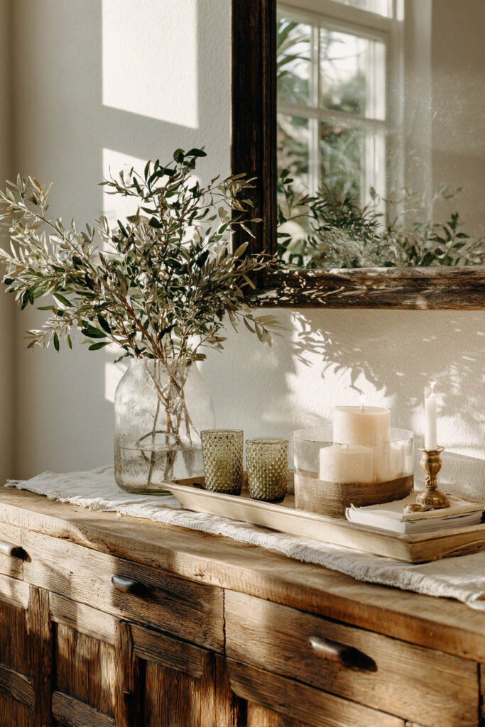 Rustic console with olive branches in glass vase, sage green votive candles, tray of pillar candles, and vintage mirror styling.