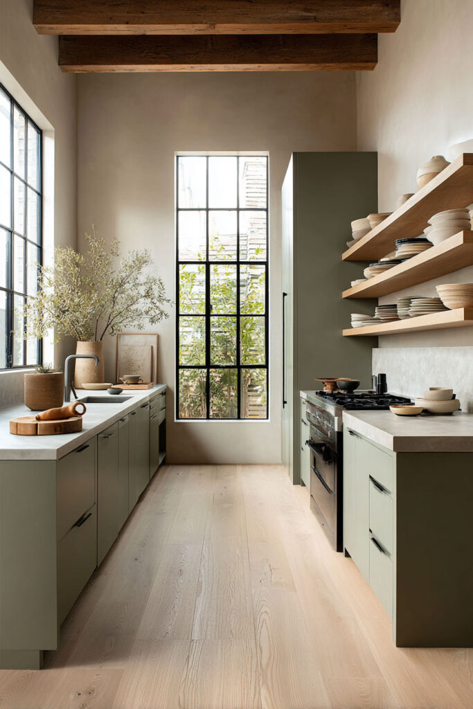 Sage green kitchen with open wood shelving, black-framed windows, exposed beams, and natural pottery accents