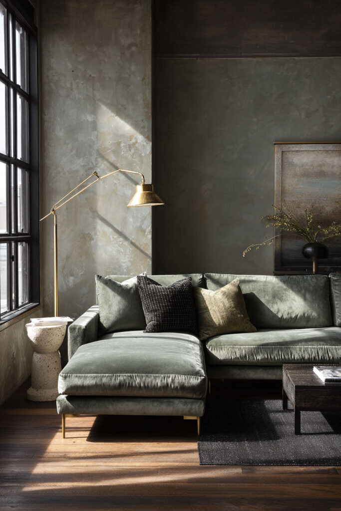 Moody sage green living room with plaster walls, velvet sectional sofa, brass floor lamp, industrial window, and dark wood coffee table.