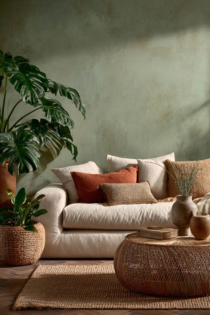 Sage green living room with plaster wall, neutral sofa, rust accent pillows, woven basket planters, and clay vases.