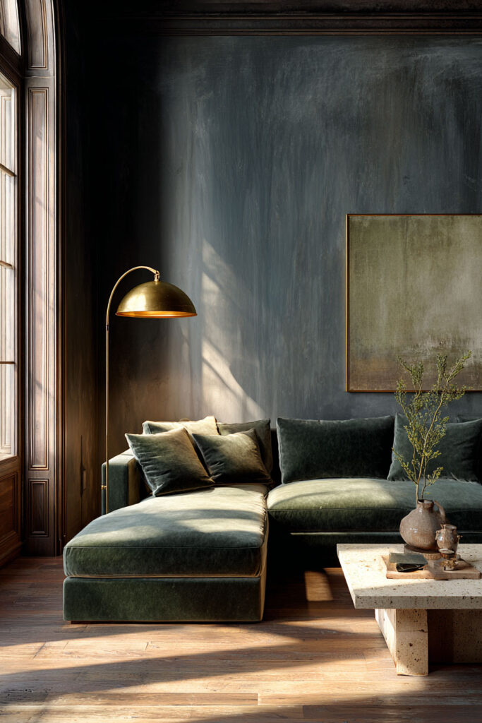 Moody sage green living room with dark plaster walls, velvet sectional sofa, brass floor lamp, and stone coffee table.