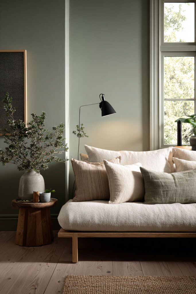 Cozy sage green living room with wood-framed sofa, layered pillows, ceramic vase with greenery, rustic side table, and black wall lamp.