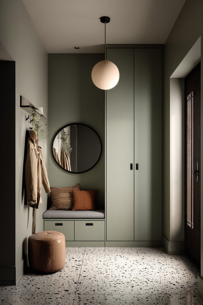Modern sage green entryway with built-in storage, round mirror, bench nook, rust pillows, leather pouf, and terrazzo floor.