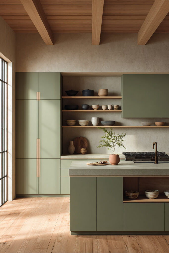 Modern sage green kitchen with wood ceiling, open shelving, natural textures, and minimalist cabinetry.
