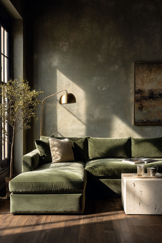 Moody sage green living room with velvet sectional sofa, textured plaster walls, brass floor lamp, and stone side table.
