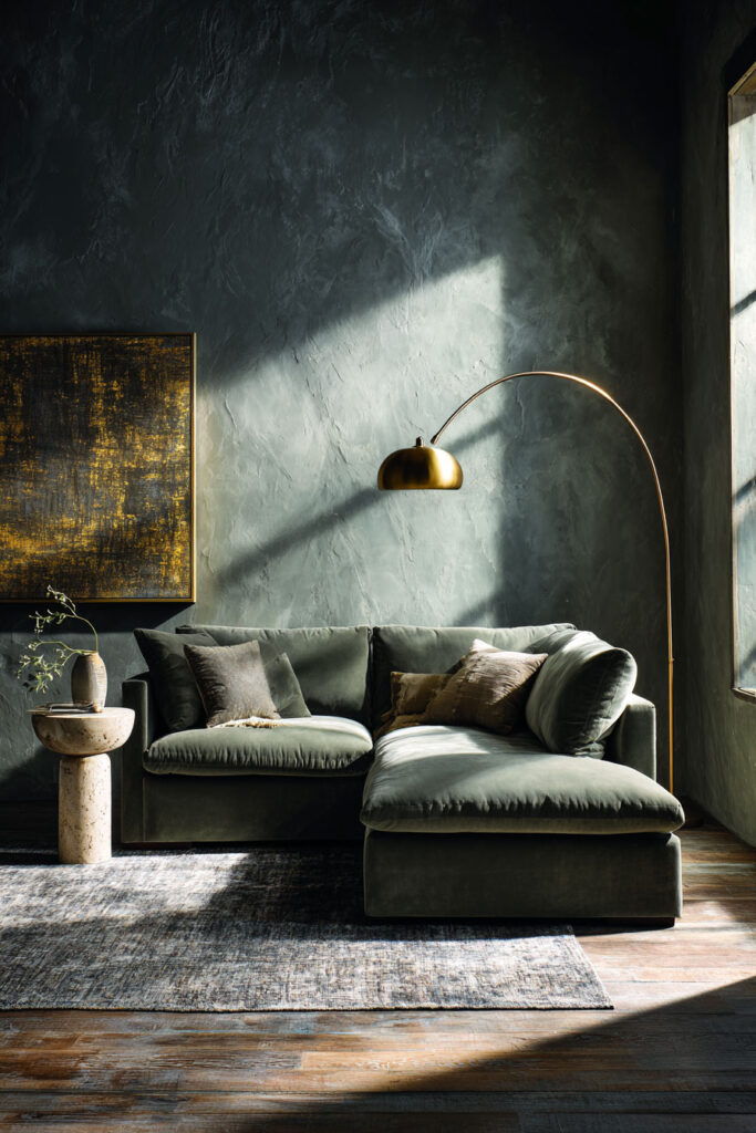 Moody sage green living room with textured plaster walls, velvet sectional sofa, gold arc floor lamp, and abstract artwork.