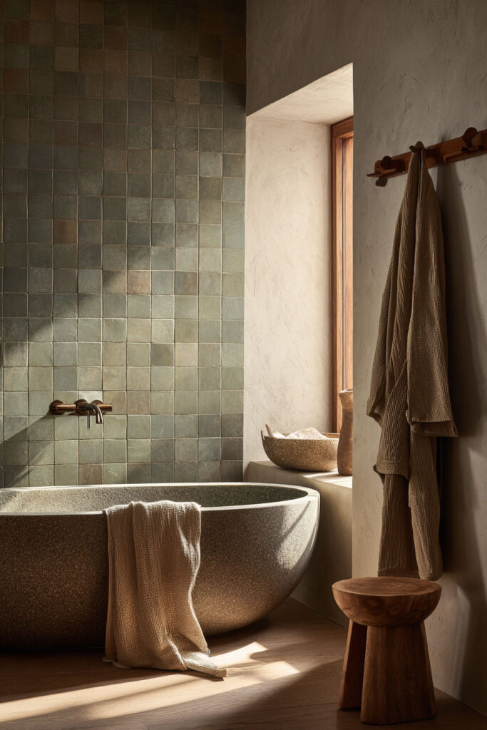 Bathroom with sage green tile wall, stone soaking tub, wood stool, natural light, and spa-inspired decor.