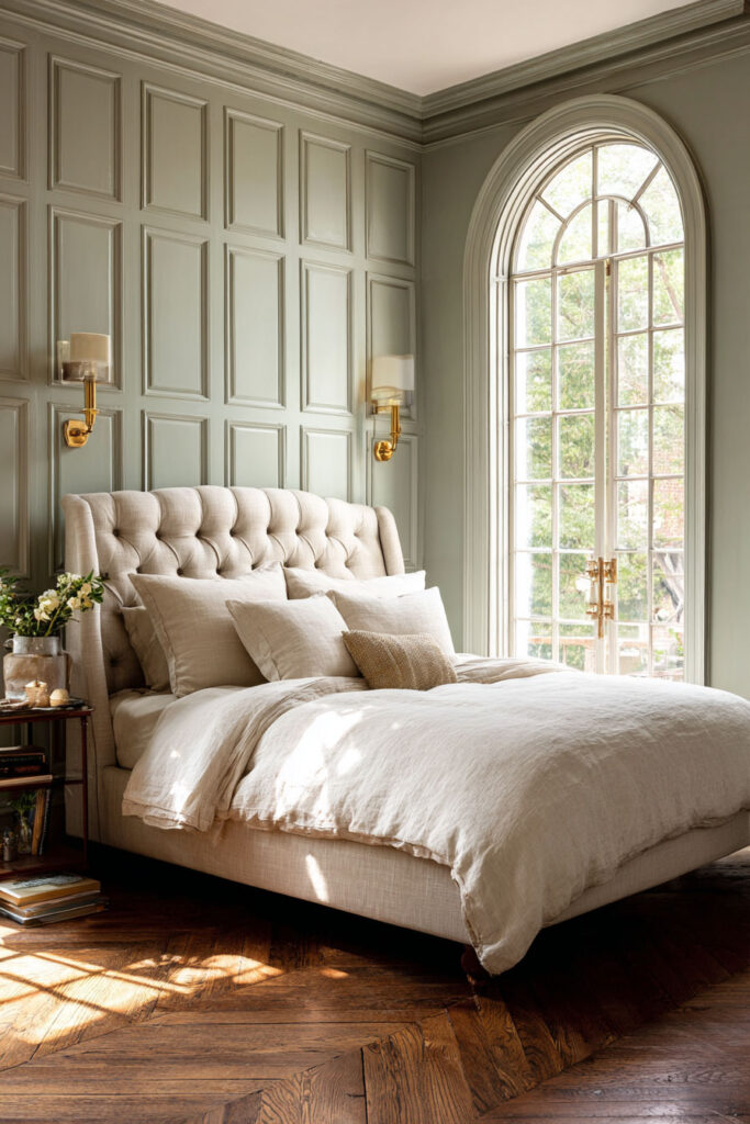 Sophisticated sage green bedroom with paneled walls, arched window, tufted bed, linen bedding, and gold sconces.