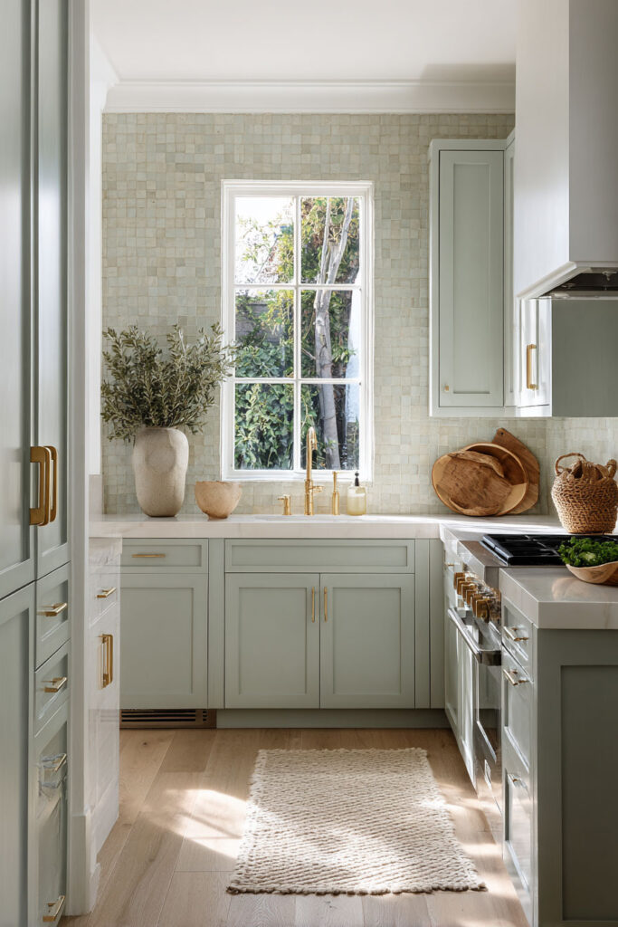 Sage green kitchen with brass hardware, marble countertops, mosaic tile backsplash, and natural wood accents.