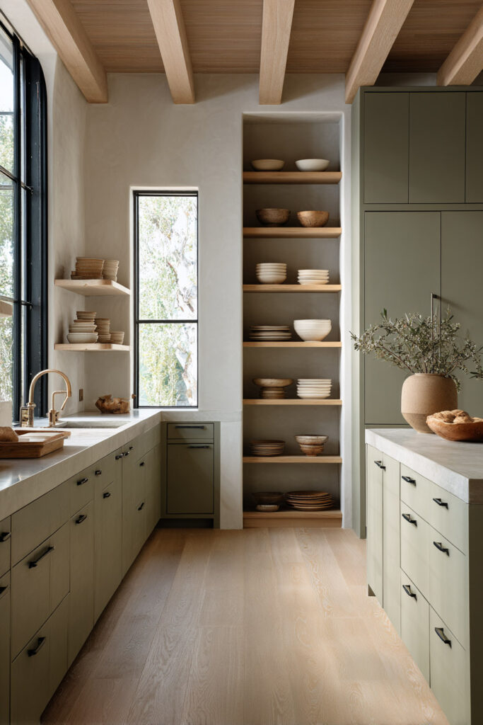 Sage green kitchen with modern cabinets, open wood shelving, large windows, natural textures, and neutral design.