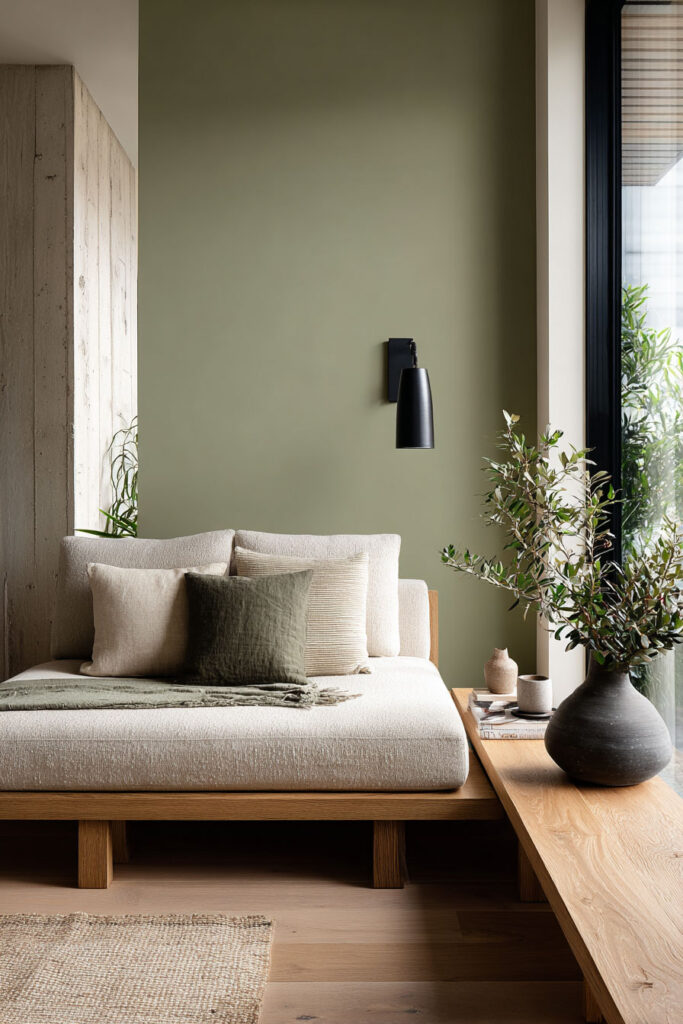 Minimalist sage green living room with Japandi style, wood-framed sofa, neutral and olive pillows, simple greenery, and black wall sconce.