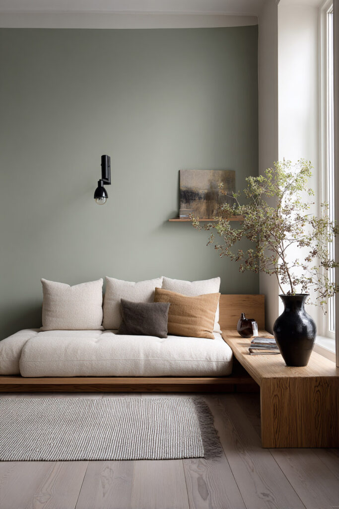 Minimalist sage green living room with low wooden sofa, neutral pillows, black accents, potted branch, and Scandinavian-inspired design.