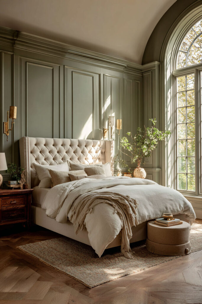 Sophisticated sage green bedroom with paneled walls, arched window, tufted upholstered bed, and layered neutral bedding.