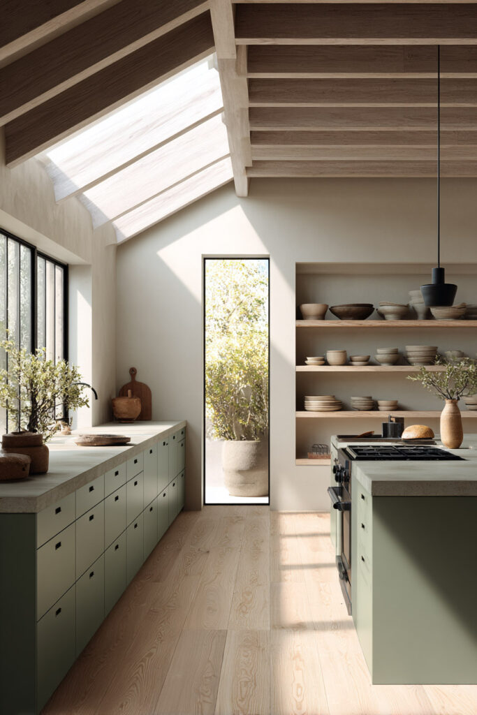 Bright sage green kitchen with skylights, open shelving, flat-panel cabinets, rustic ceramics, and natural light.