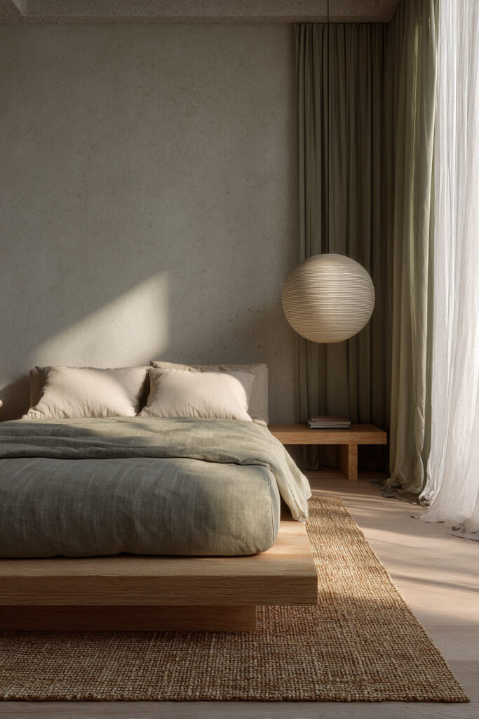 Minimalist sage green bedroom with low wood platform bed, linen bedding, woven rug, and paper lantern pendant.