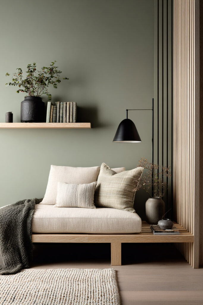 Minimalist sage green living room with built-in wood bench seating, neutral cushions, floating shelf, and modern black lamp.