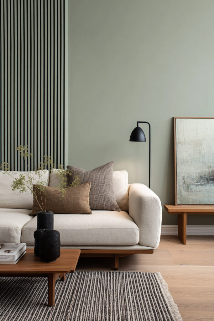 Modern sage green living room with cream sofa, striped rug, wood accents, black decor details, and abstract artwork.