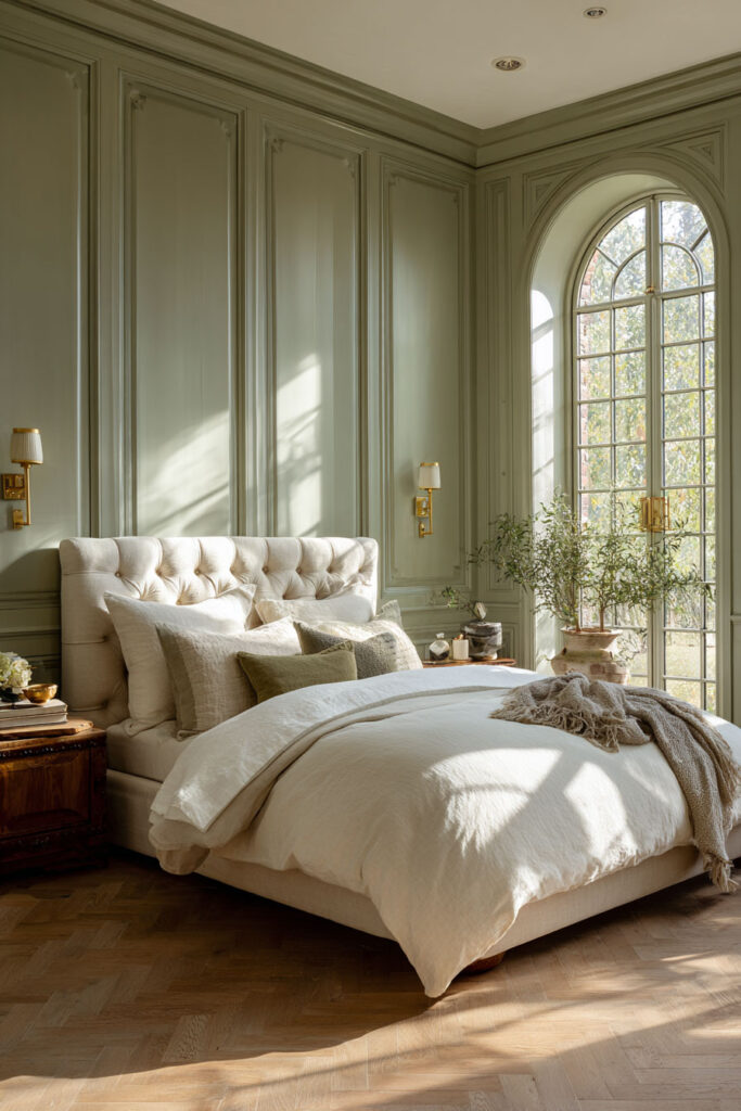 Timeless sage green bedroom with paneled walls, arched window, tufted bed, layered neutral bedding, and gold sconces.