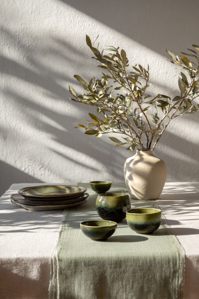 Table styled with sage green ceramic bowls, stoneware plates, linen runner, and vase of olive branches in natural light.