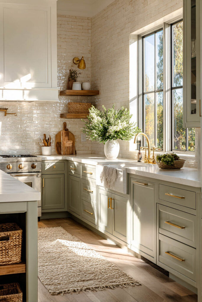 Sage green kitchen with shaker cabinets, brass hardware, farmhouse sink, open wood shelves, and woven storage baskets.