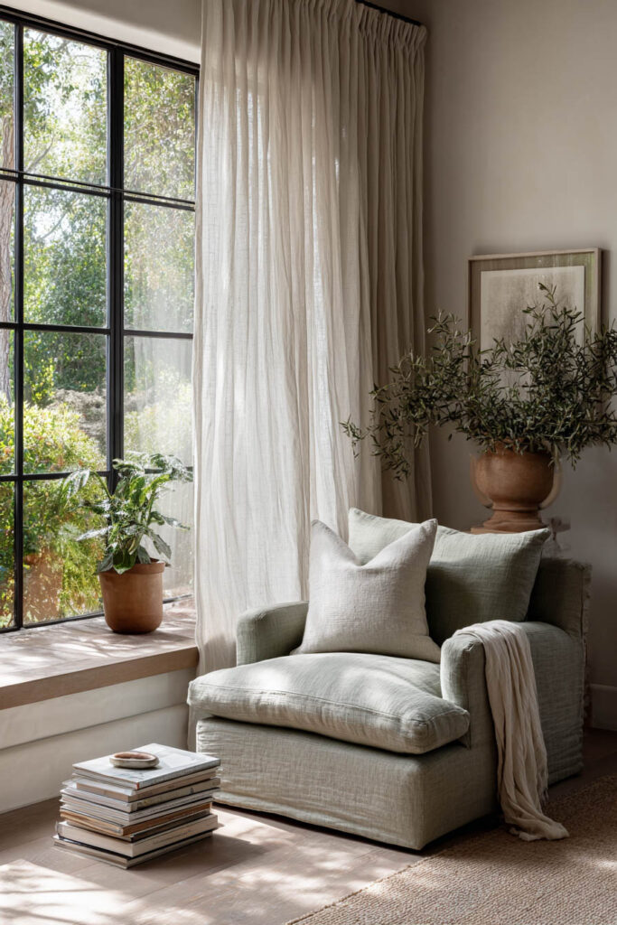 Sage green living room corner with soft armchair, neutral pillows, linen curtains, potted plants, and natural textures.