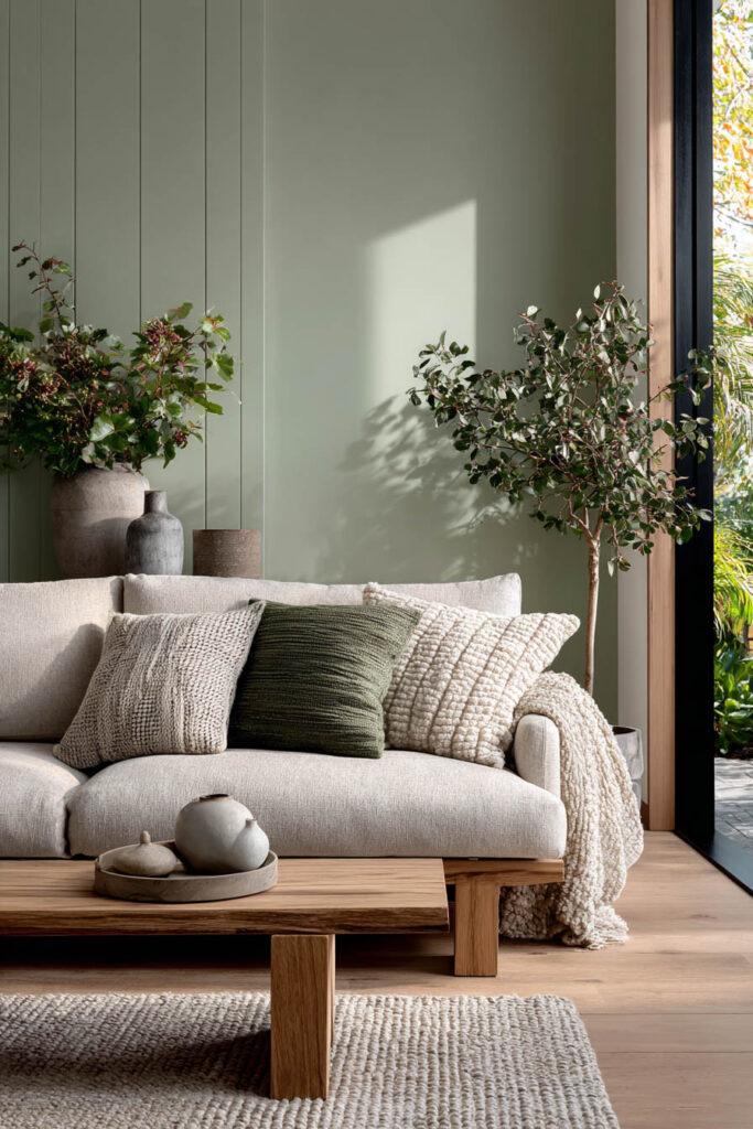 Scandinavian sage green living room with neutral sofa, textured throw pillows, wood coffee table, woven rug, and greenery in natural light.