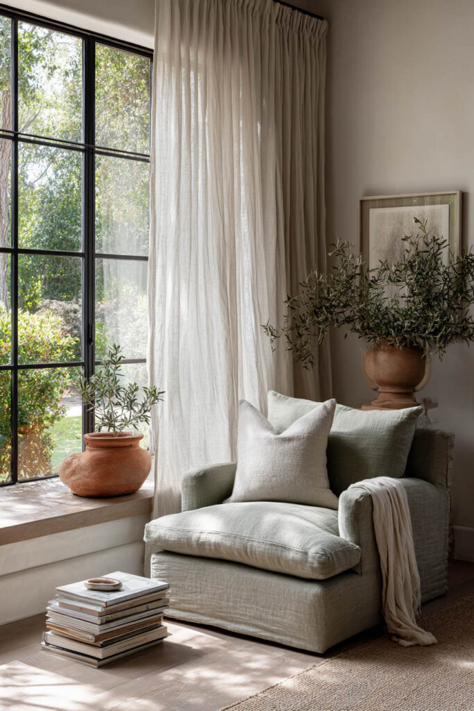 Sage green reading nook with upholstered armchair, linen pillow, terracotta planters with olive branches, sheer curtains, and natural light.