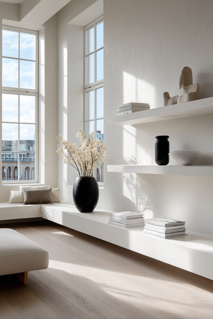 Minimalist living room corner with white floating shelves styled with stacked books, a black ceramic vase, neutral sculptures, and soft natural light from large windows.