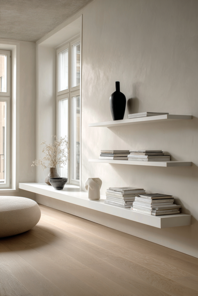 Minimalist living room with three white floating shelves styled with stacked books, sculptural ceramics, and a black vase, set against a soft taupe wall with natural window light.