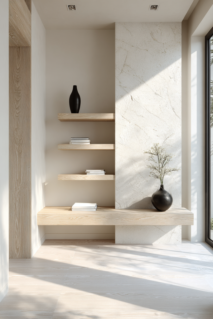 Modern entryway with minimalist floating shelves in light birch wood, styled with black and white ceramics, stacked books, and soft natural lighting.