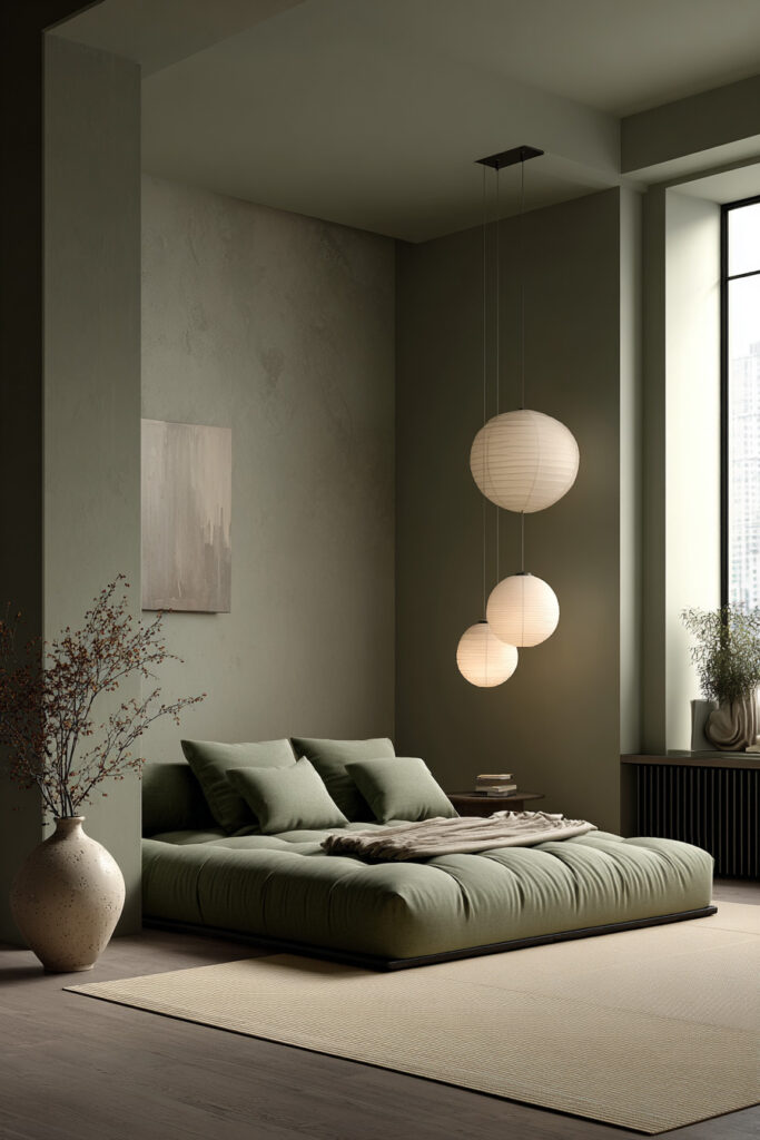 Modern sage green bedroom with low platform bed, minimalist decor, and paper lantern pendant lights creating a cozy atmosphere.