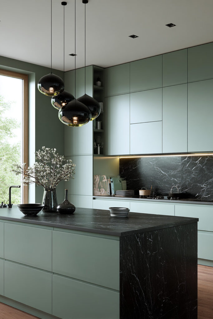 Modern sage green kitchen with matte cabinets, black marble island and backsplash, pendant lights, and minimalist decor.