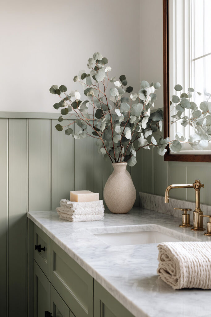 Sage green bathroom vanity with marble countertop, brass faucet, ceramic vase with eucalyptus, and neutral towels styled for a cozy, timeless look.
