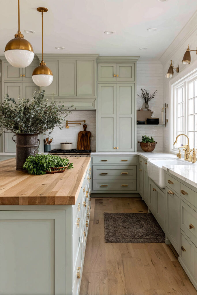 Sage green kitchen with shaker cabinets, farmhouse sink, brass fixtures, wood butcher block island, and globe pendant lighting.