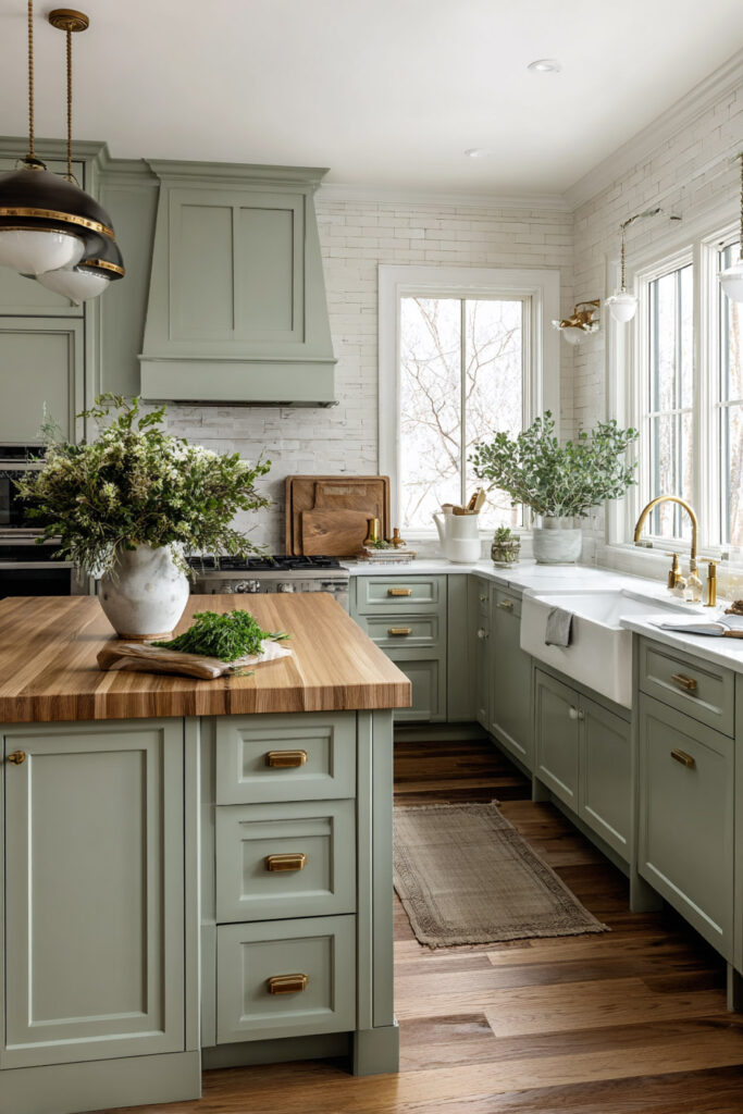 Sage green kitchen with butcher block island, brass hardware, farmhouse sink, and natural greenery decor accents.