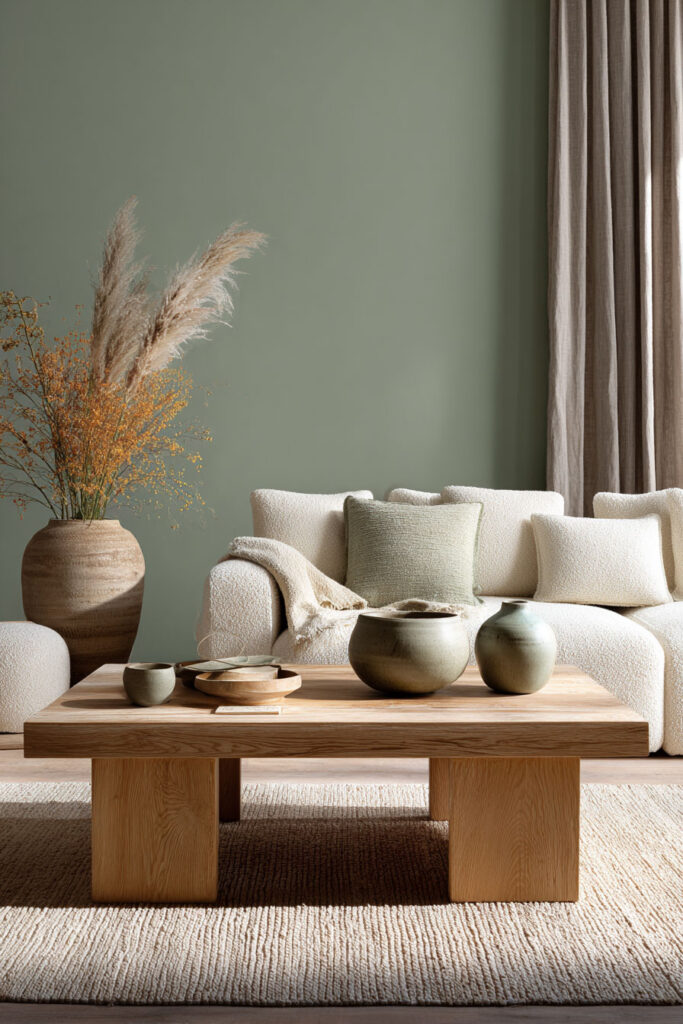 Sage green living room with neutral boucle sofa, wooden coffee table, ceramic vases, pampas grass, and earthy modern decor.