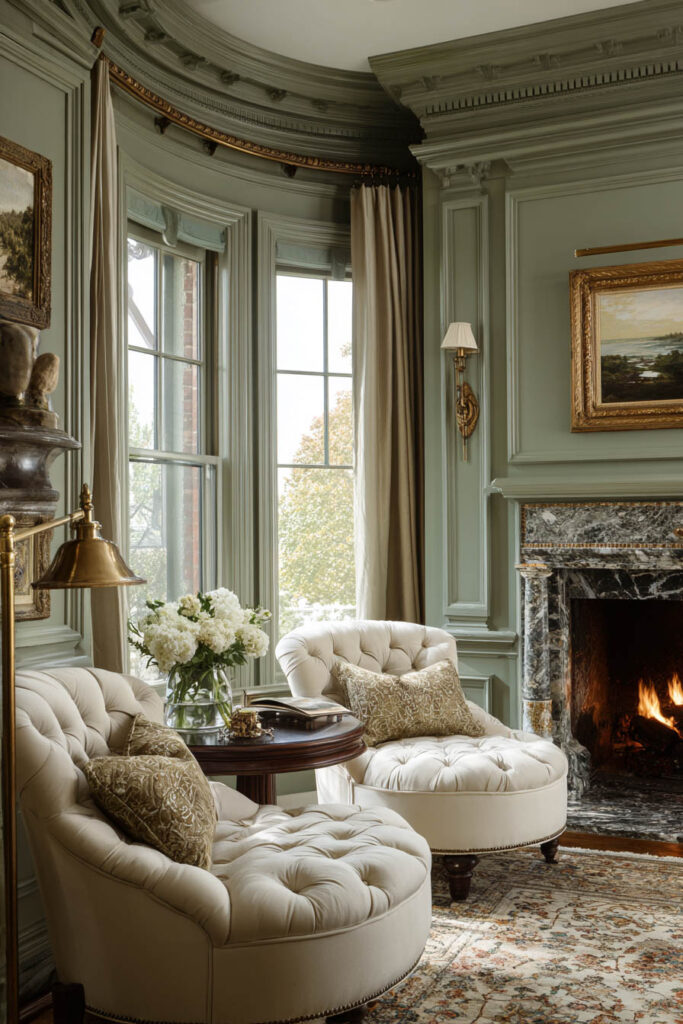 Traditional living room with sage green wall paneling, marble fireplace, tufted cream chairs, gold accents, and floral arrangement for a timeless, elegant style.