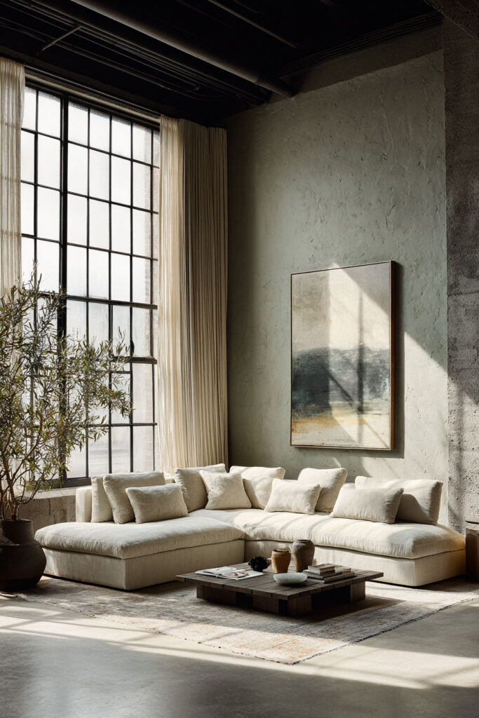 Sage green loft living room with textured walls, cream sectional sofa, industrial windows, and abstract artwork.
