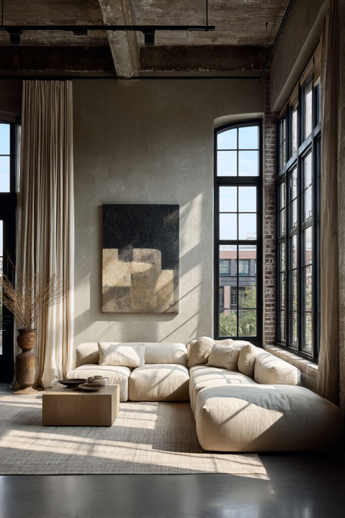 Sage green loft living room with tall windows, cream sectional sofa, abstract wall art, and natural textures for a modern cozy look.