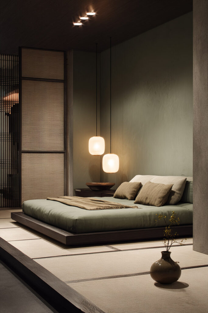Minimalist sage green bedroom with low platform bed, soft pendant lighting, and Japanese-inspired modern decor.