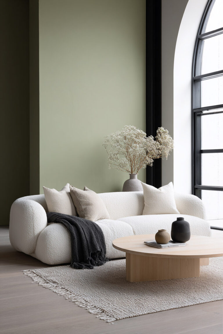 Minimalist living room with sage green accent wall, cream boucle sofa, neutral throw pillows, and light wood coffee table.